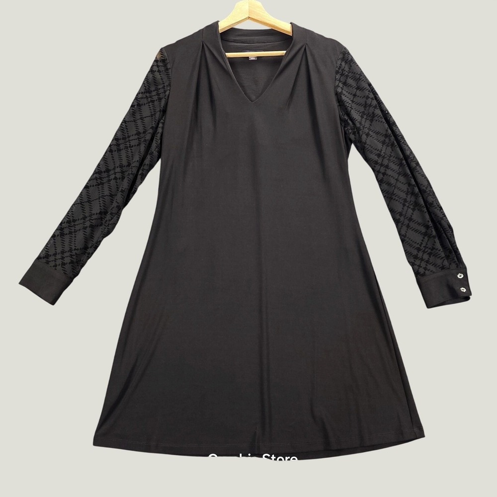 68-Tommy Hilfiger Dress Womens 10 Black‎ V-Neck Long Sleeve Sheer Flocked A-Line